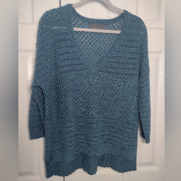 Anthropologie Sunday in Brooklyn Sweater Teal Open Knit Hi-Low V-neck Oversize - Picture 2 of 7